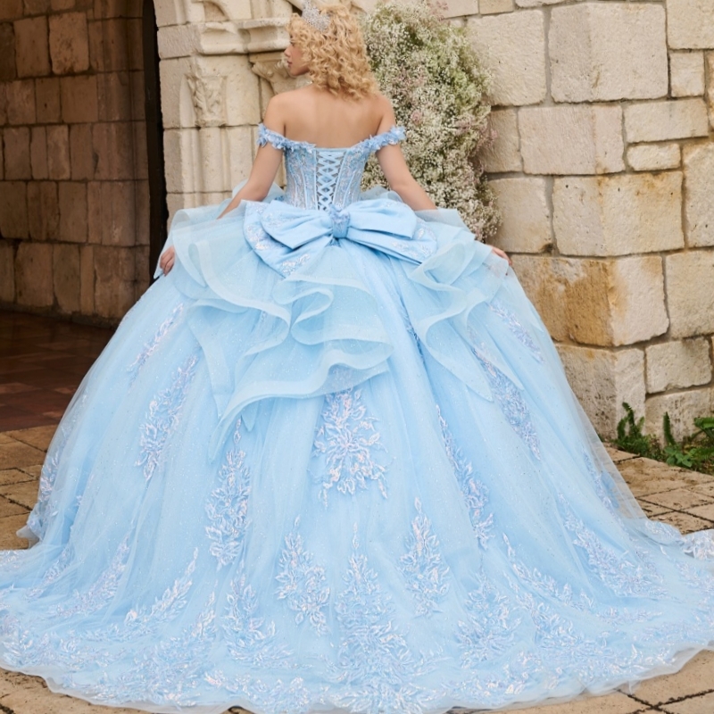 Sky Blue Shiny Quinceanera Dresses Off Shoulder Ball Gown Sweet 16 Dress Beading Applique Lace Bow Tull Birthday Party Vestidos 15 Anos