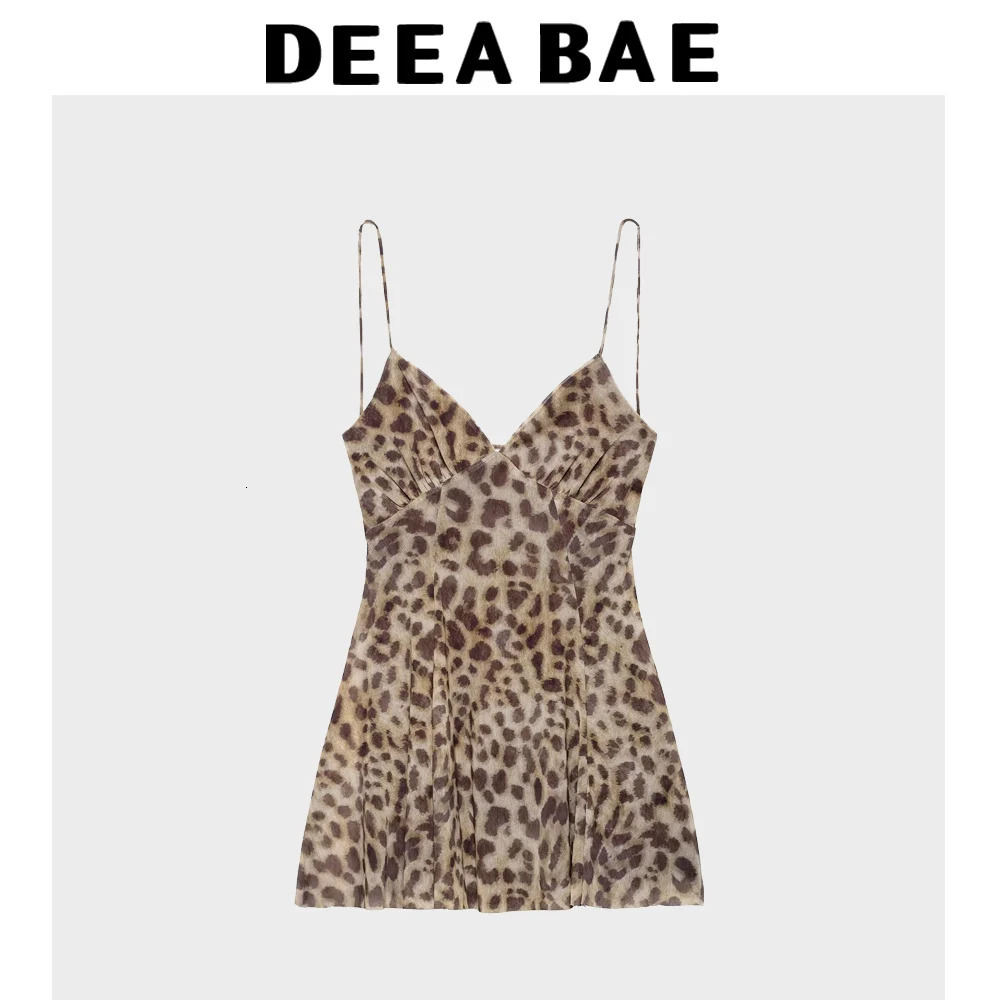 DEEABAE Summer Sweet And Spicy Leopard Print Silk Mesh Vneck Backless Camisole Dress For Women 250513