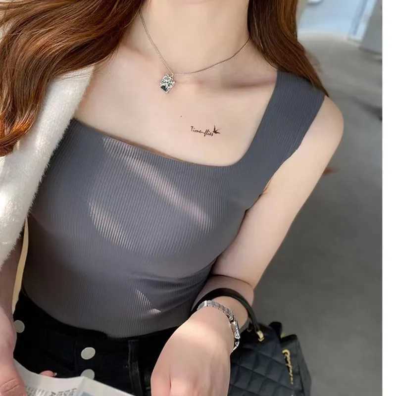 For 40-75kg Ice Silk Plus Size Tank Tops WITH Chest Pad Square Collar Thread One-Piece Cup Seamless Camisole Top For Women M250513