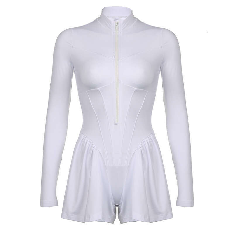 Fashionable Women's Solid Color Casual Sportswear, Zippered Plastic Waist Jumpsuit, Wide Leg Jumpsuit Shorts, Summer B5