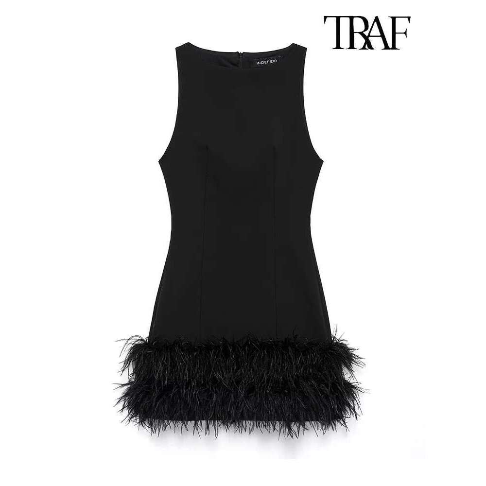 TRAF Fashion 2024 Elegant French Splicing Feather Mini Dress Women's Sleeveless Round Neck Party Dresses Evening Gowns