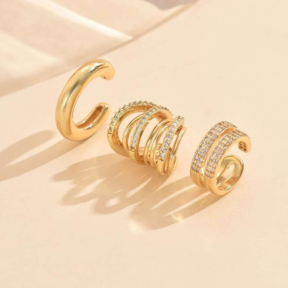 3Pcs Gold Color Zircon Earrings For Women New C Cuff Non-Piercing Ear Clip Set Trend Jewelry Gift