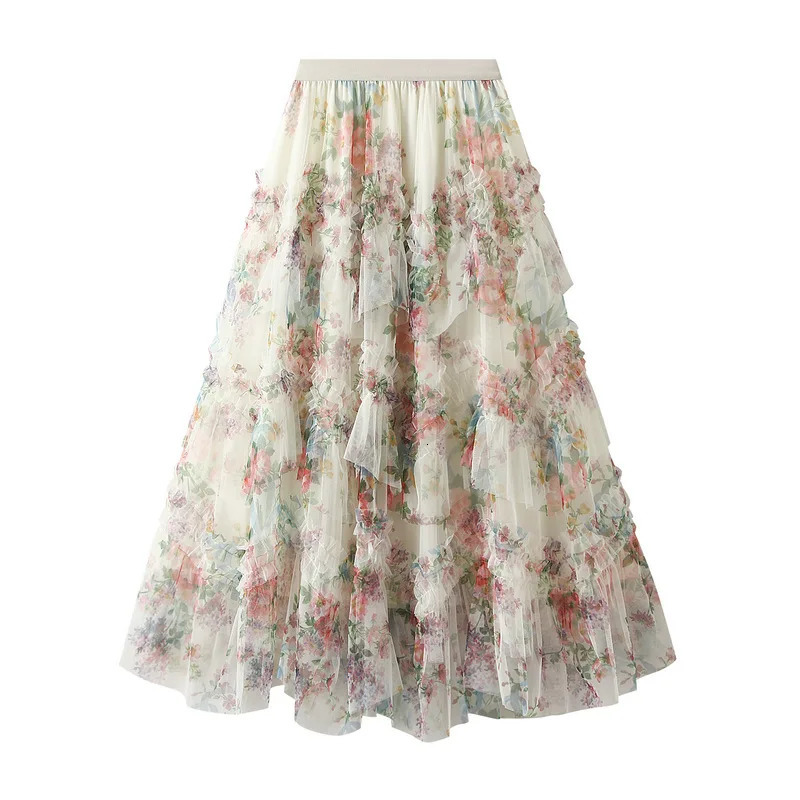 Korean Fashion Floral Long Skirts Women Spring Summer Elegant Prairie Chic Midi Skirt High Waisted ALine Tulle Tutu 250513