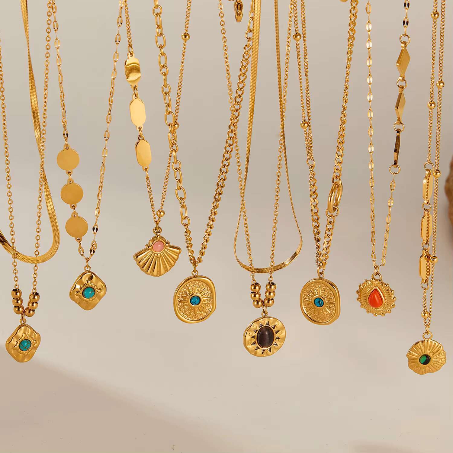 New Fashion Gold Plated Stainless Steel Colored Natural Stone Pendant Necklace for Women's Party Accessories Gifts