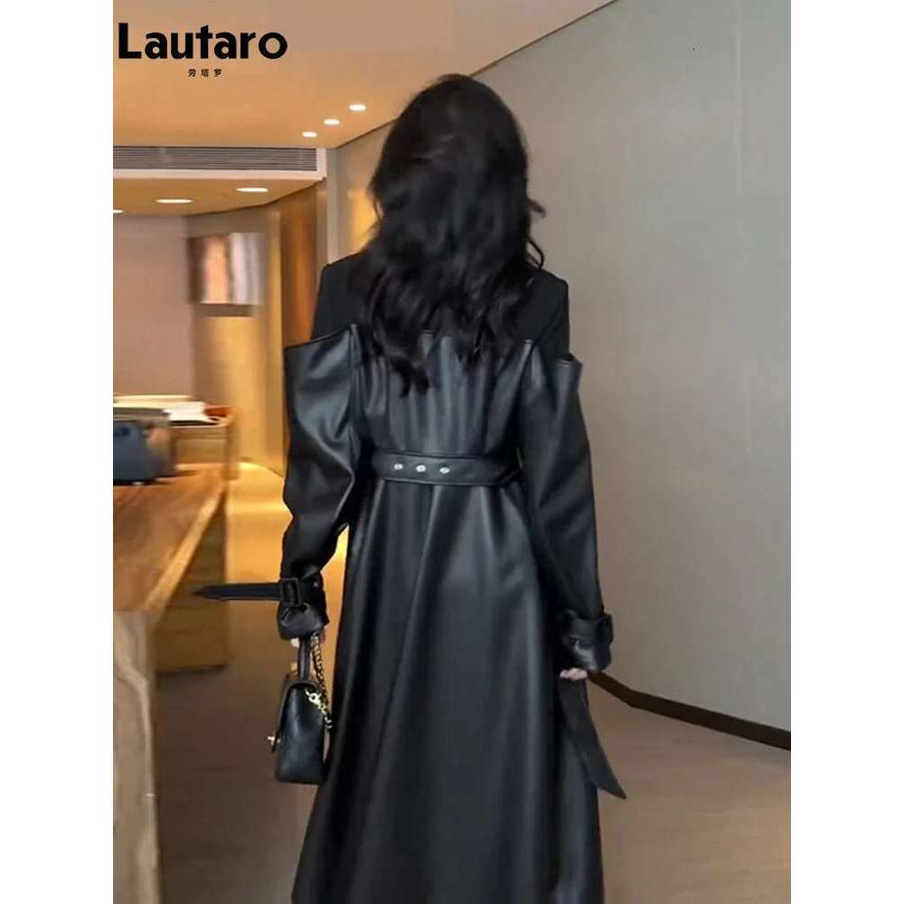 Lautaro Autumn Long Black Patchwork Pu Leather Trench Coat for Women Double Breasted Loose Stylish Designer Clothing 2023