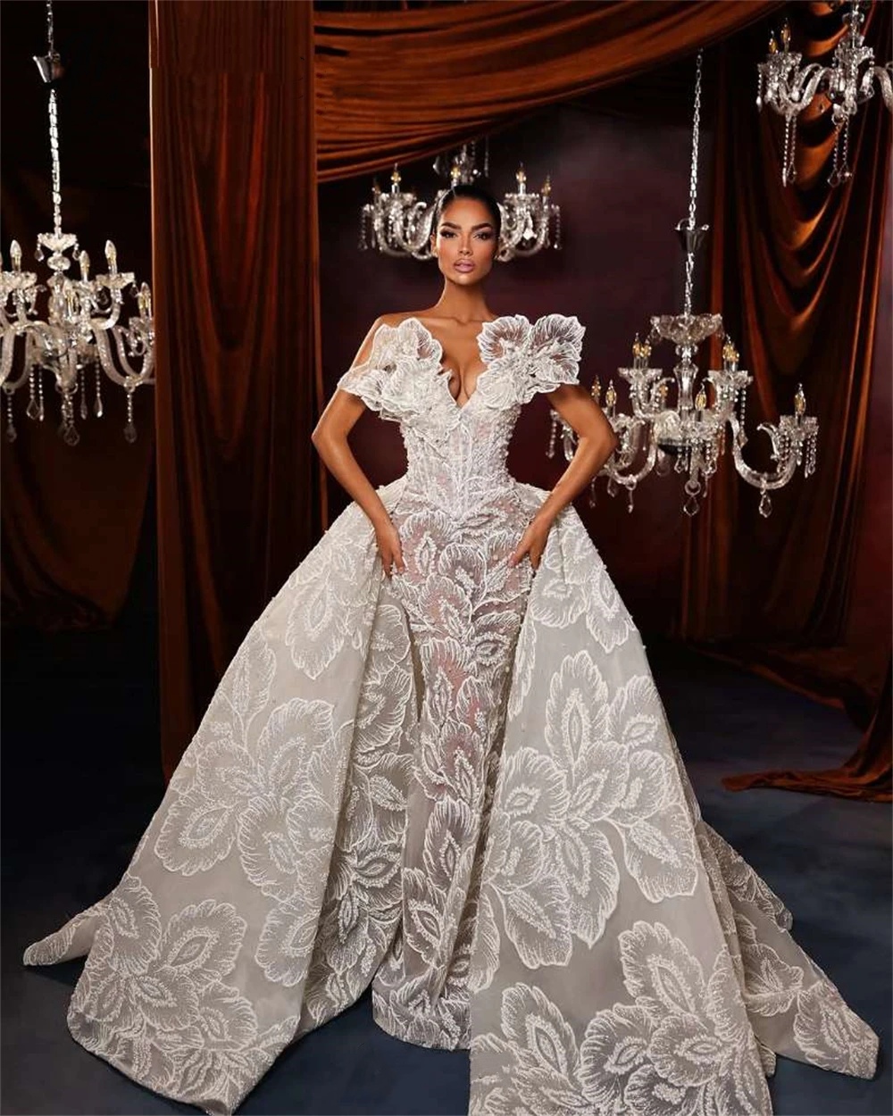 Graceful Wedding Dress Strapless Lace Pearls Mermaid Bridal Gowns Detachable Train Sleeveless Applique Illusion Bride Dresses Customized Vestido de no