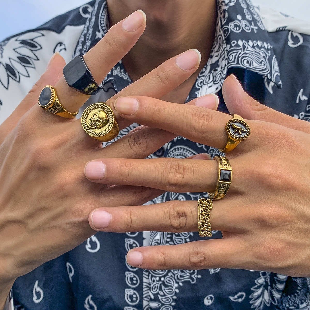 Retro Geometric Crystal 6-Piece Set Men's Rings - Trendy Minimalist Fashion Alloy Ring Set