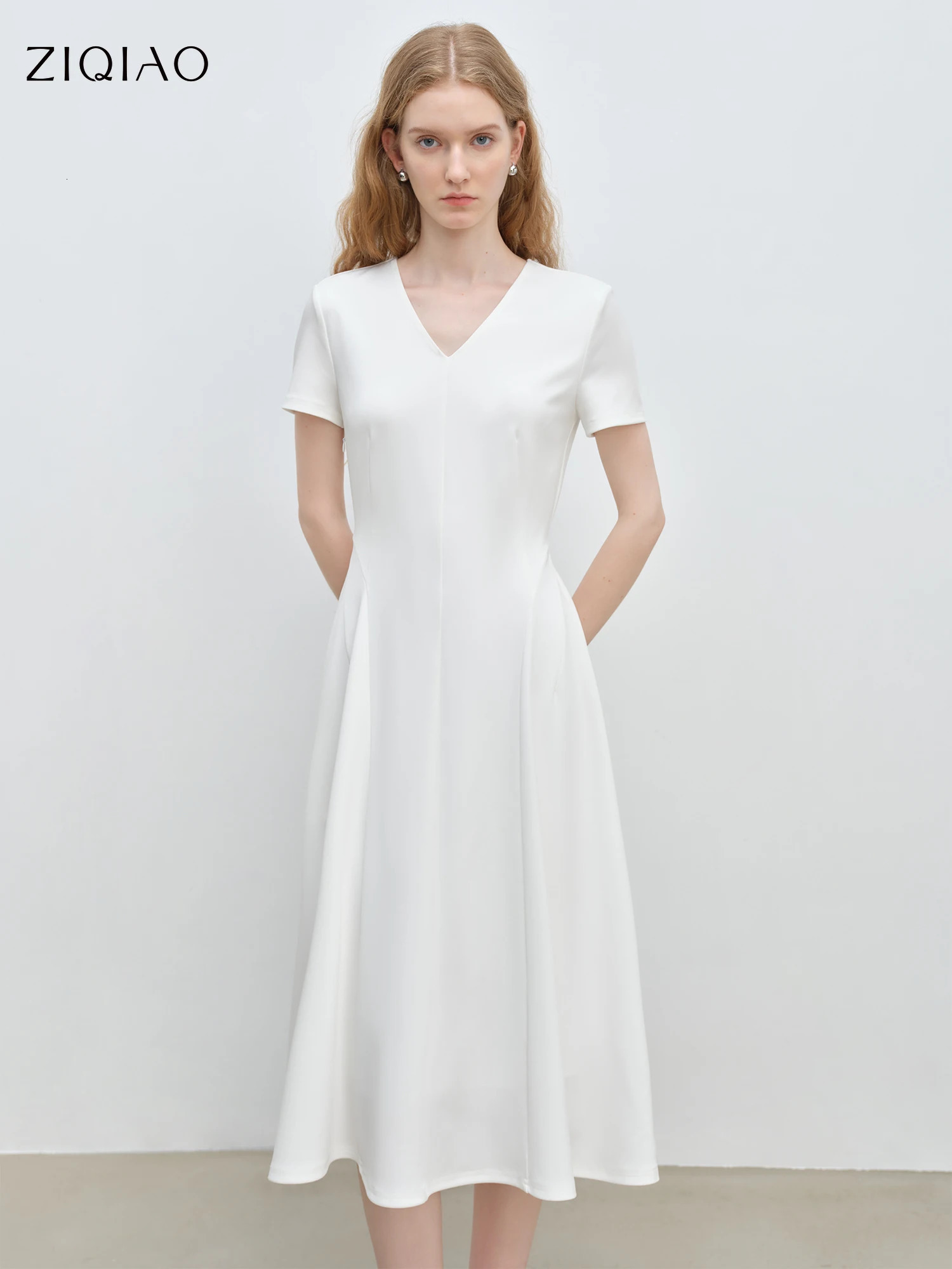 ZIQIAO Minimalist Style Old Money Pure White n Dress For Female Summer Arrival Holiday Season 25ZQ92376 250513