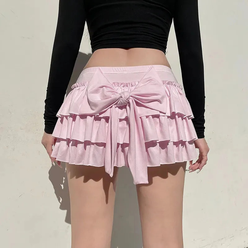 Bow Sweet ALine Skirts Women Sexy Slim LowWaist Casual Mini Y2K Female Summer Fashion Streetwear AllMatch Pink 250513