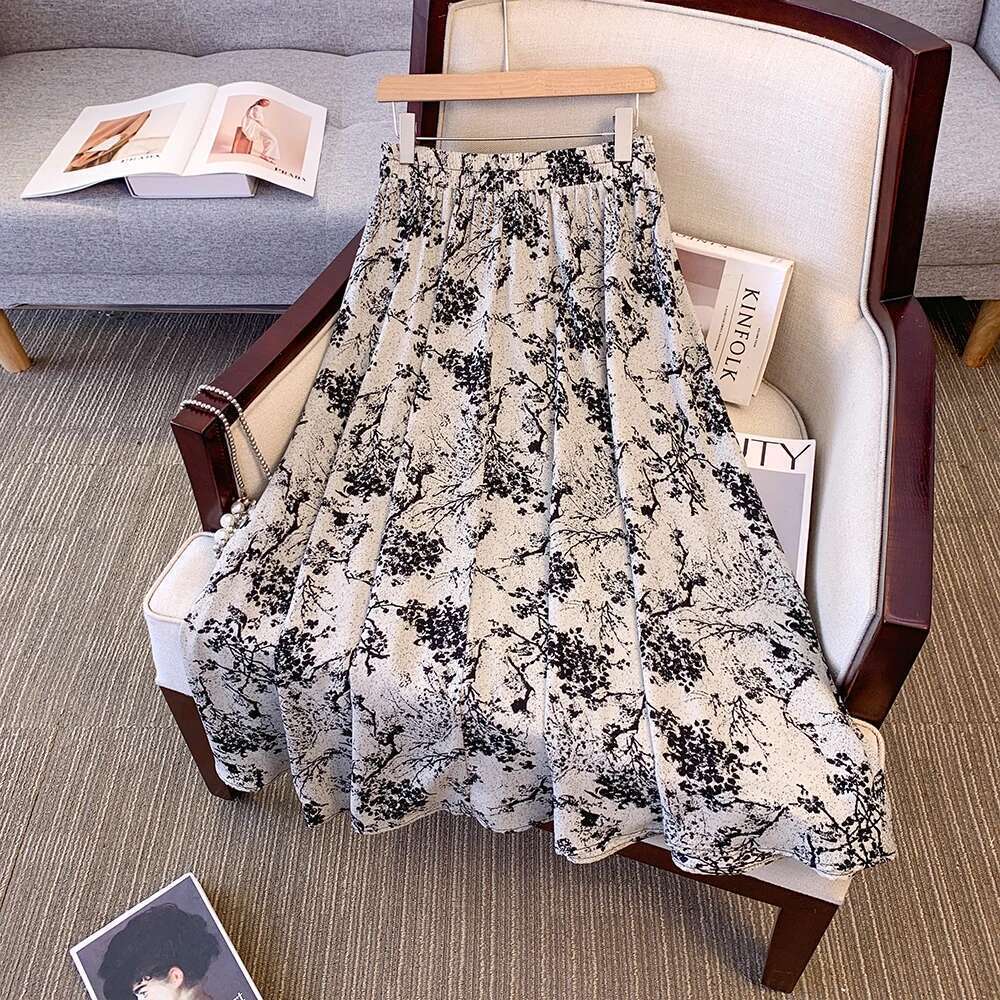 Plus size women's summer casual Polyester fabric loose comfortable retro Chinese print simple design A-line skirt