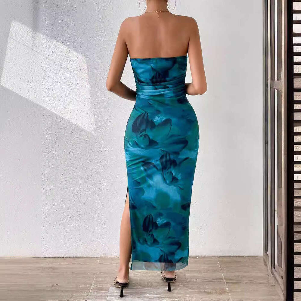 Women Clothes Dress Mesh Floral Pleated Sexy Tight Fitting Slit Strapless Long Dress KQ