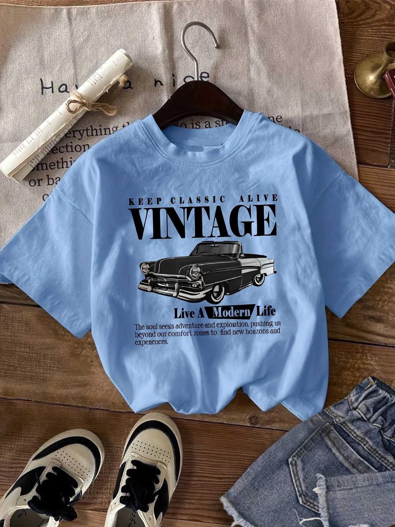 Vintage Car Print TShirt Medium Stretch Knit Fabric Casual Sports Style SpringSummer Top y2k top women clothing 250513