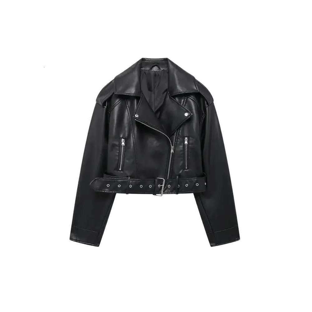 TRZA-Faux Leather Moto & Biker Jacket for Women, Long Sleeve Coat, Front Zipper, Female Outerwear, Chic Tops, Fashion