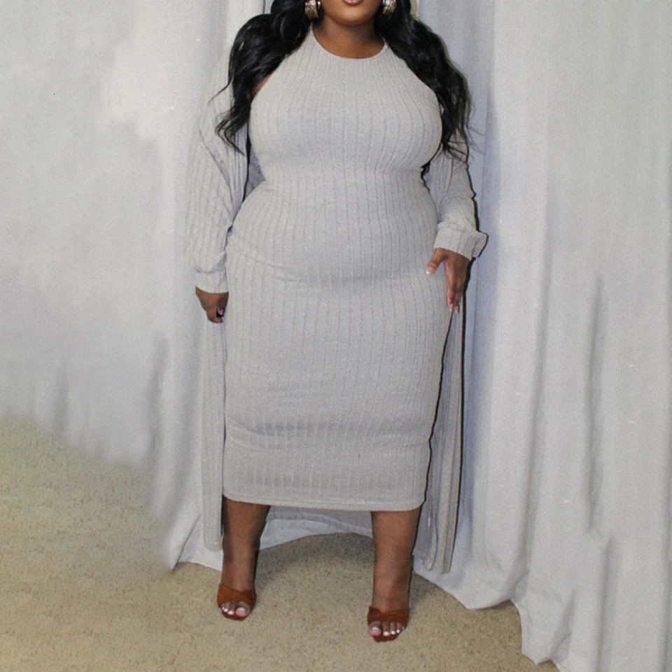 Womens long sleeved cardigan vest dress autumn and winter plus ultrathin womens tight fitting 2piece set 3XL 4XL 5XL 250506