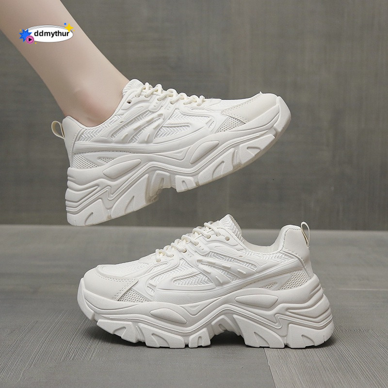 2025 New Short Dad Women's Summer Breathable Sports Mesh Thick soled Fashionable Casual White Shoes ddmythur