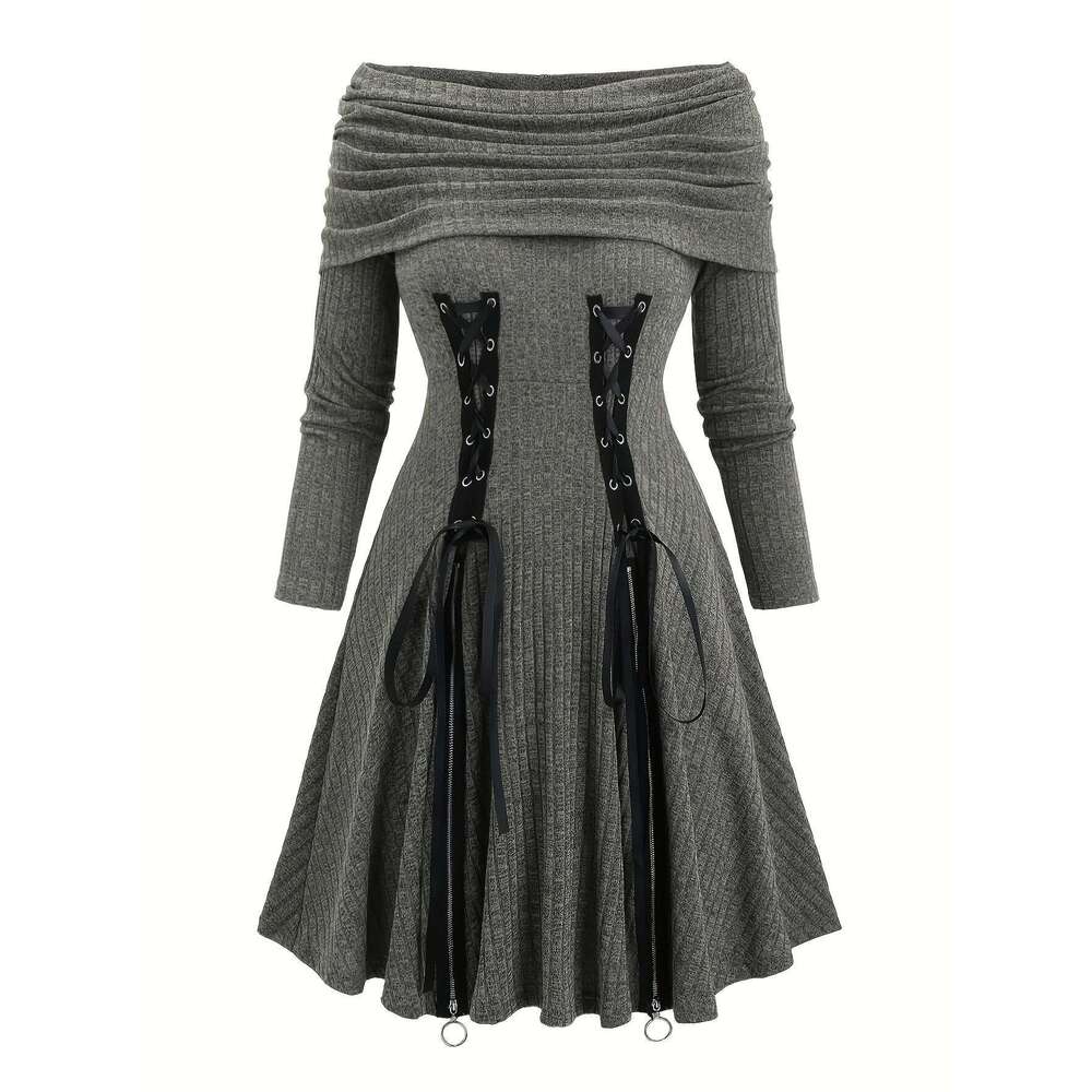 European and American leisure fashion solid color shoulder drawstring plus size A dress female