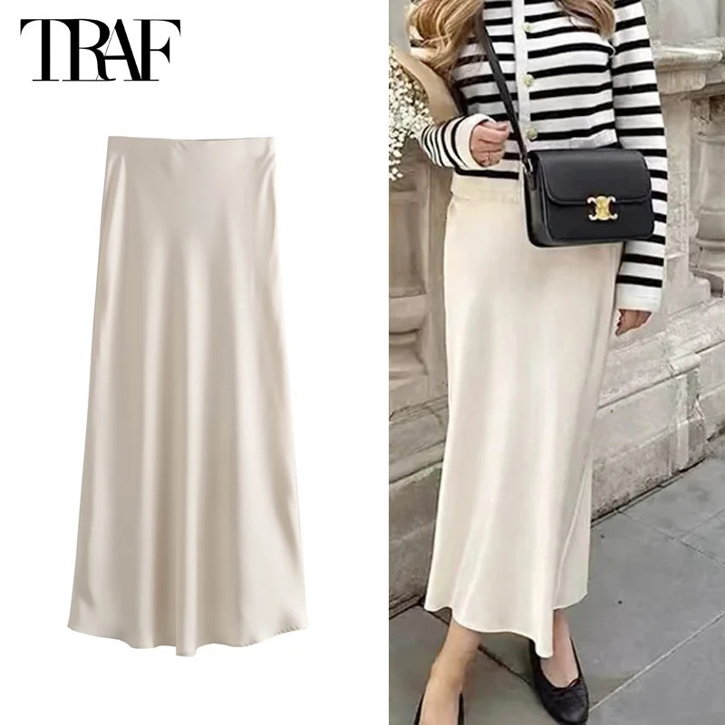 TRAF Satin Long Skirts for Women Draped High Waist Midi Skirt Woman Summer Straight Womens Holiday Beach 250513