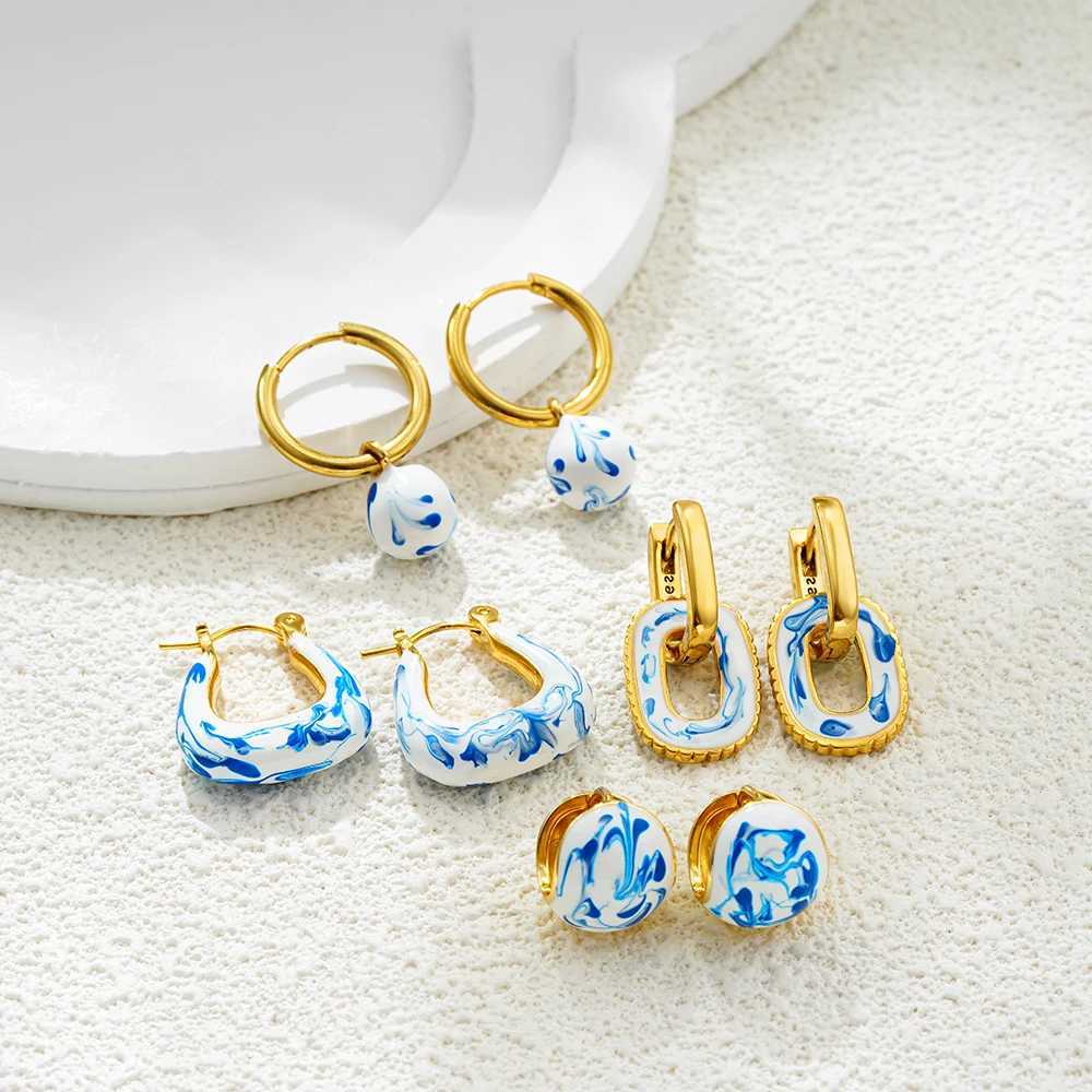 Vintage White Blue Flower Enamel Beads Hoop Earrings for Women Gold Plated Stainless Steel Huggies Earring Creative Jewelry Gift Y250510