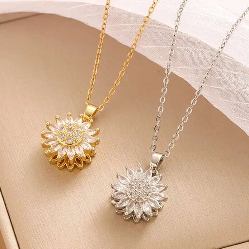 Trendy Rotation Spin Suower Stainless Steel Zircon Necklaces For Women Metal Crystal Necklace Party Birthday Gifts Jewelry