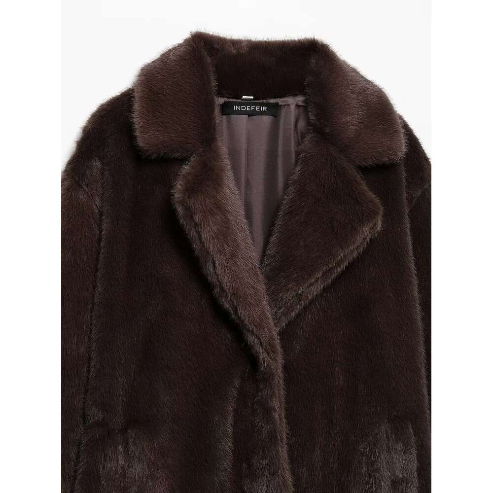 Women's Fall Winter Faux Fur Long TRAFZA Vintage Lapel Buttons Loose New 2025 Fashion Casual High Street Warm Coat Designer