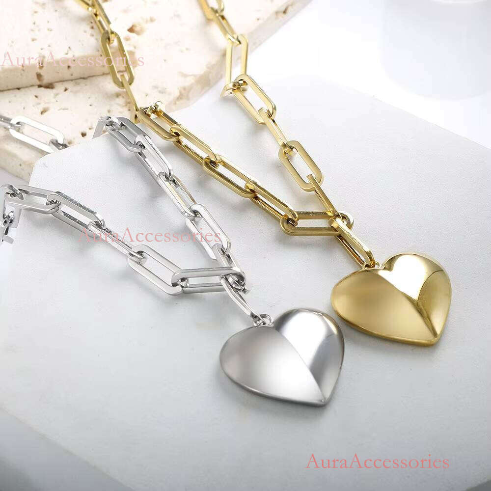Jewelry Gold Plated Smooth Love Charm Stainless Steel Chunky Heart Pendant Necklace
