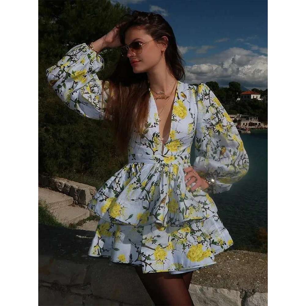 Deep V collar Ruffled Printed Lantern Sleeved Beach Layered Fluffy Short Dresses Waist Cinching Floral Gown Dress Women