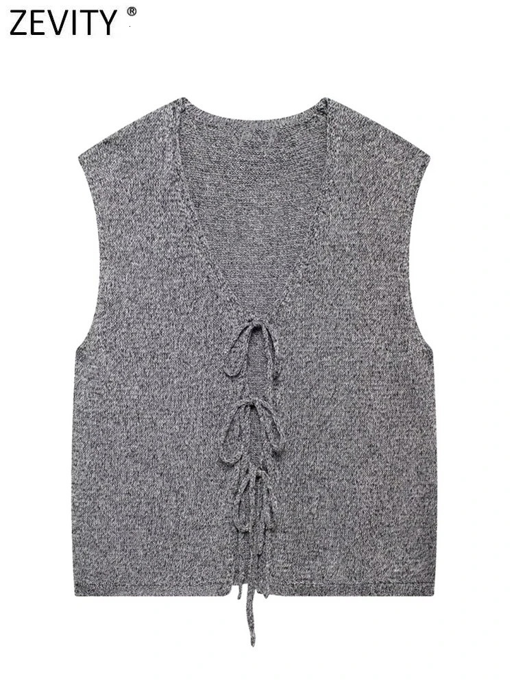 Zevity Womens French Casual Vneck Sleeveless Grey Knitted Tank Top Sweater Fashion Open Collar Lace SW6275 250506