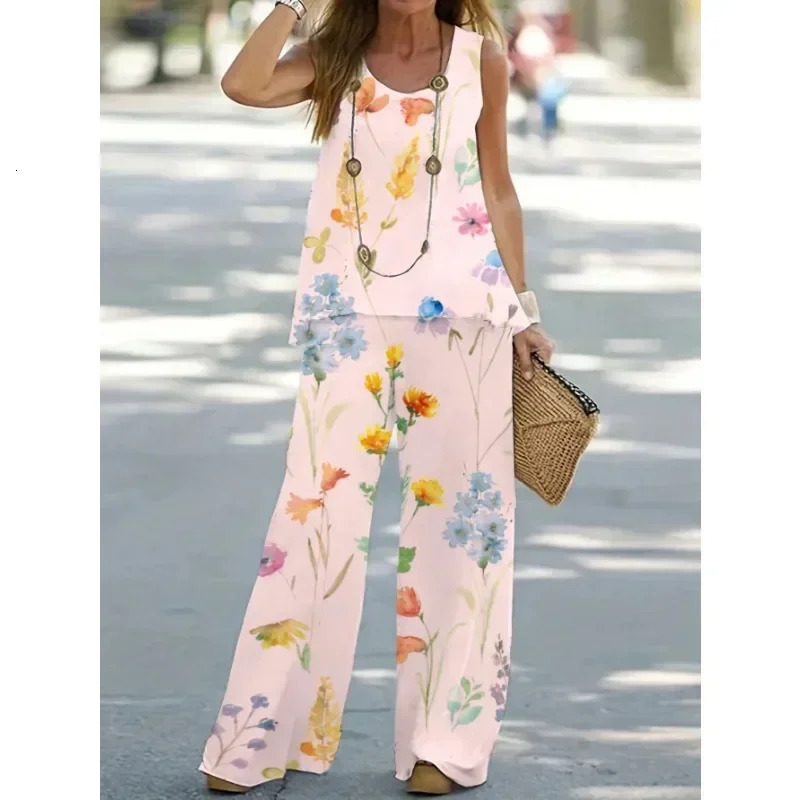 Aomen 1XL8XL Plus size round neck casual set 2piece fashionable solid tank top wide leg pants 250427