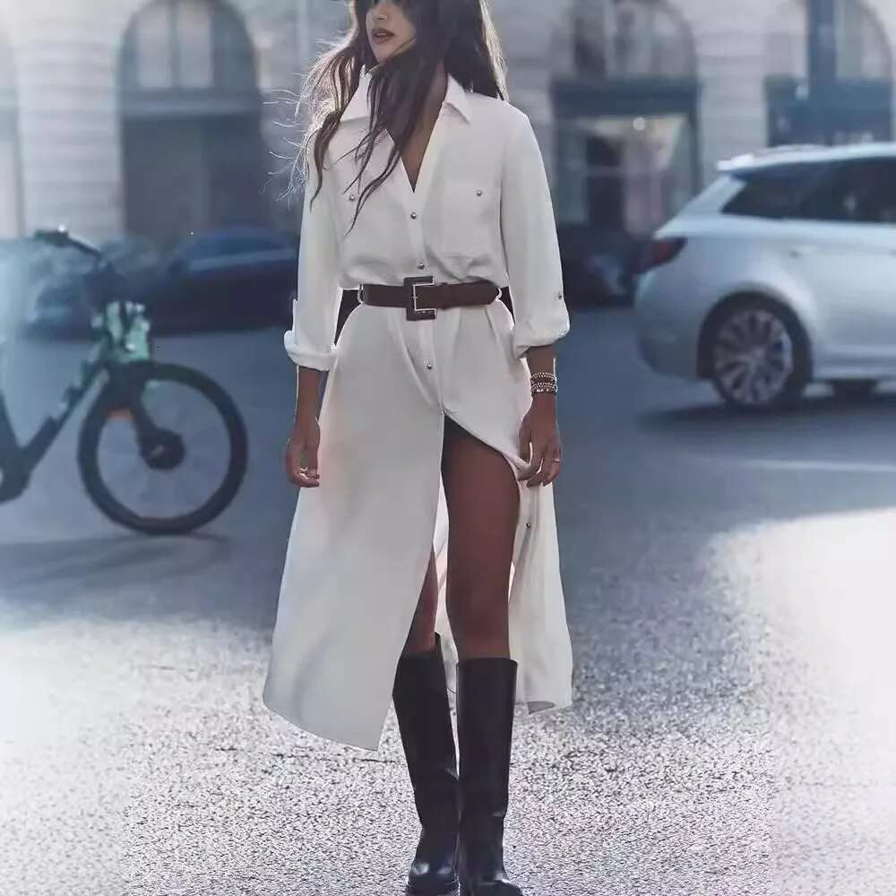 New Woman Elegant White Women Lapel Casual Loose Chic Single-Breasted Pocket With Belt Slim Long Sleeve Dress