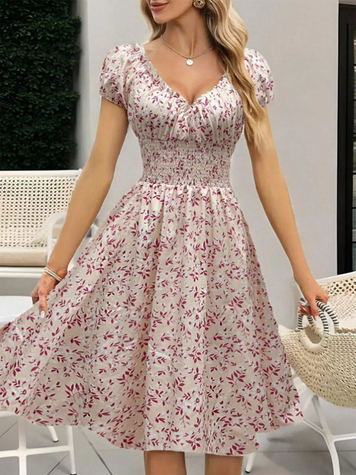 Spring Summer Women Floral Dress French Style Ruffled Sleeves Wrap Waist Boho Beach Sundress Cottagecore 250513