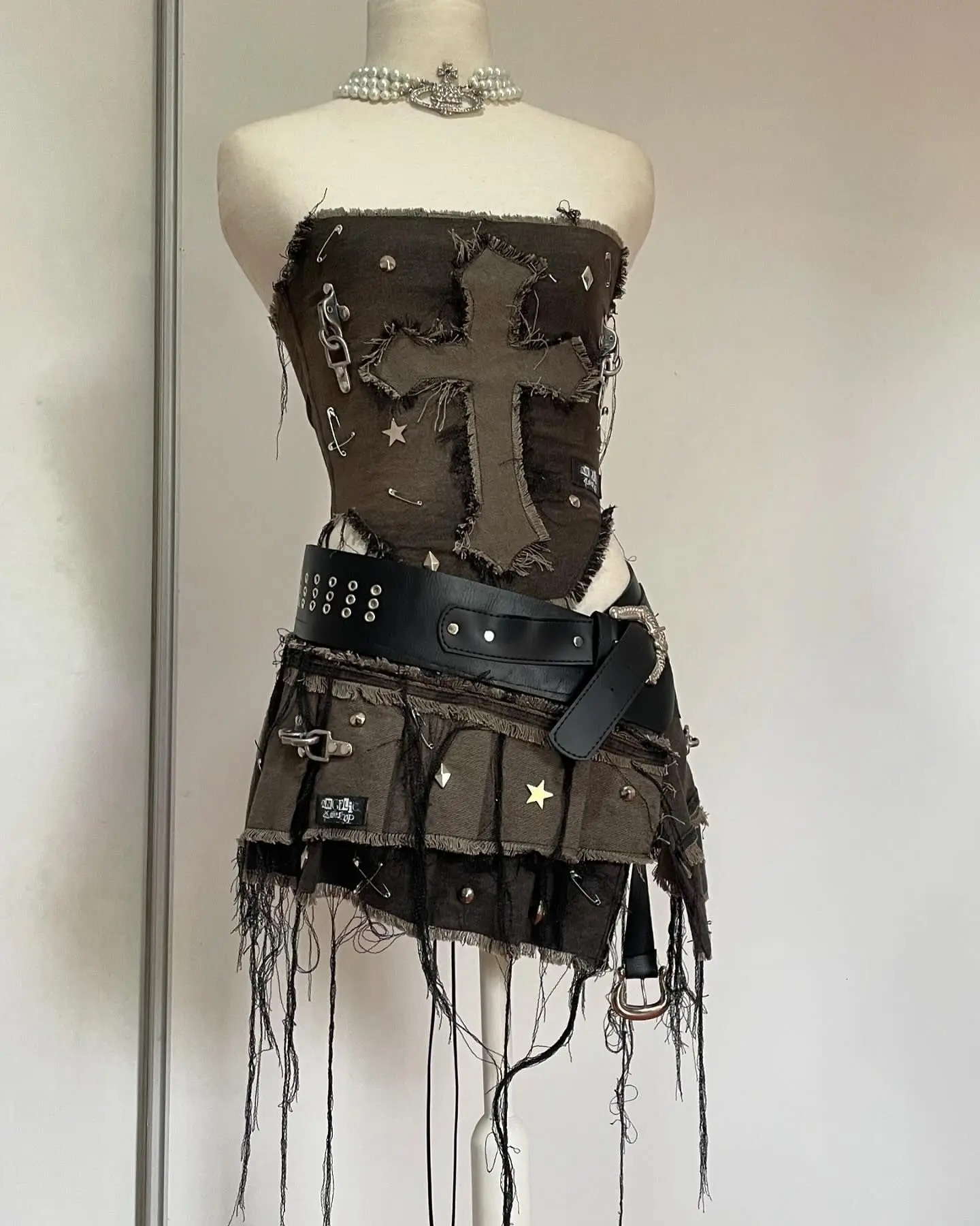 Y2K Fashion Geometric y Patch Denim Black Twopiece Female Harajuku Goth Long Sleeve Zipper Coat Mini Pleated Skirt 250513