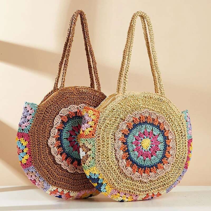 Designer Bag 2025 Ethnic Style Round Straw Weaving Fashion Shoulder Summer Handmade Woven Beach Underarm Bags Women's Large Capacity Tote Bag Lux