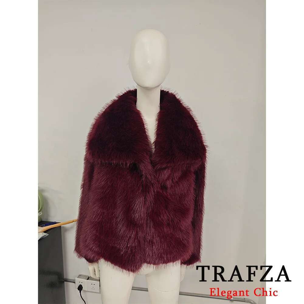 Trafza-Women Fashion Solid Big Lapel Faux Fur Jacket New 2025 Autumn Winter Slouchy Bury Black Gray Coat Designer