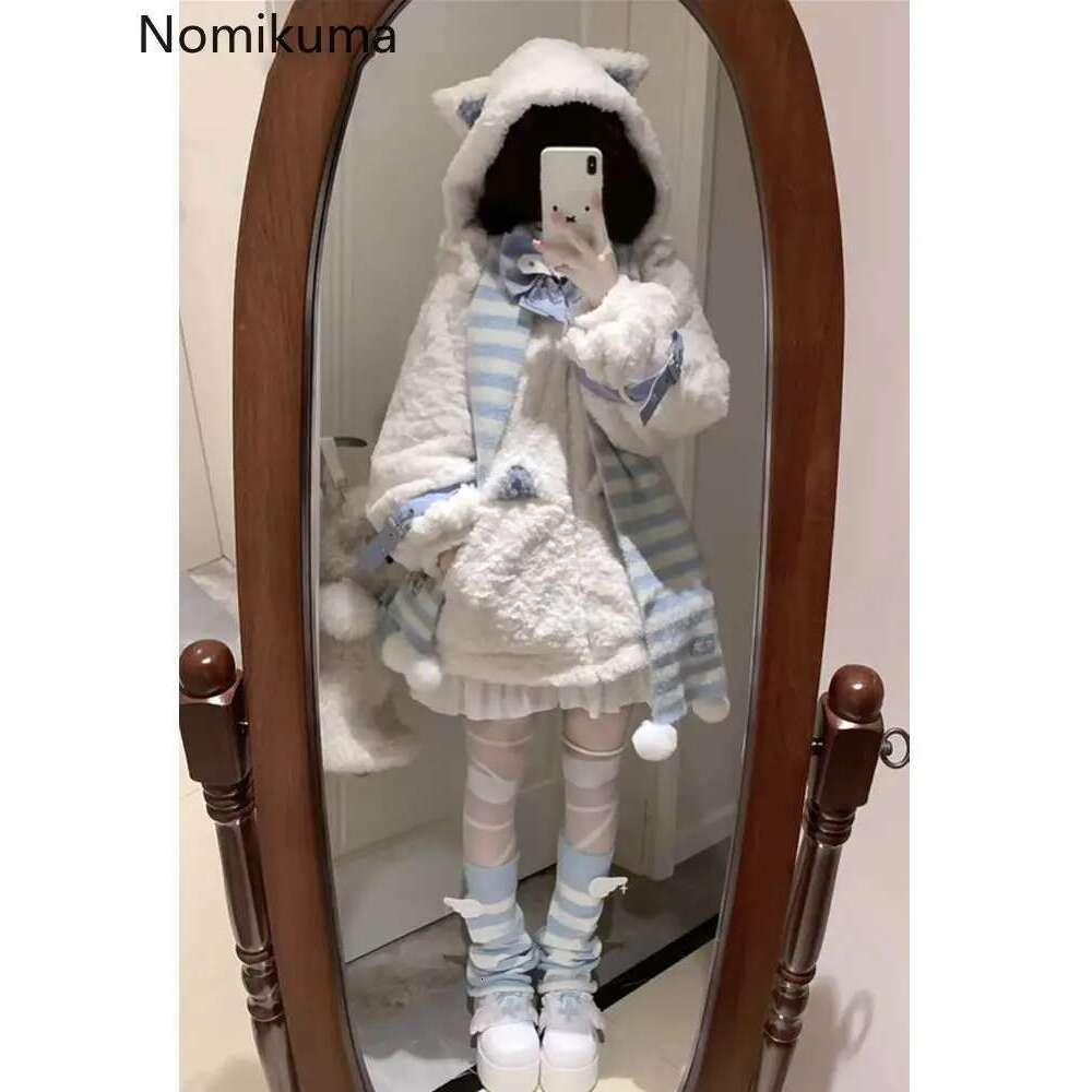 Japanese Women Clothes Furry Cat Ear Hooded Coat 2025 Ropa Mujer Thicked Warm Outwear Y2k Tops Casual Fashion Oversized Jackets Designer