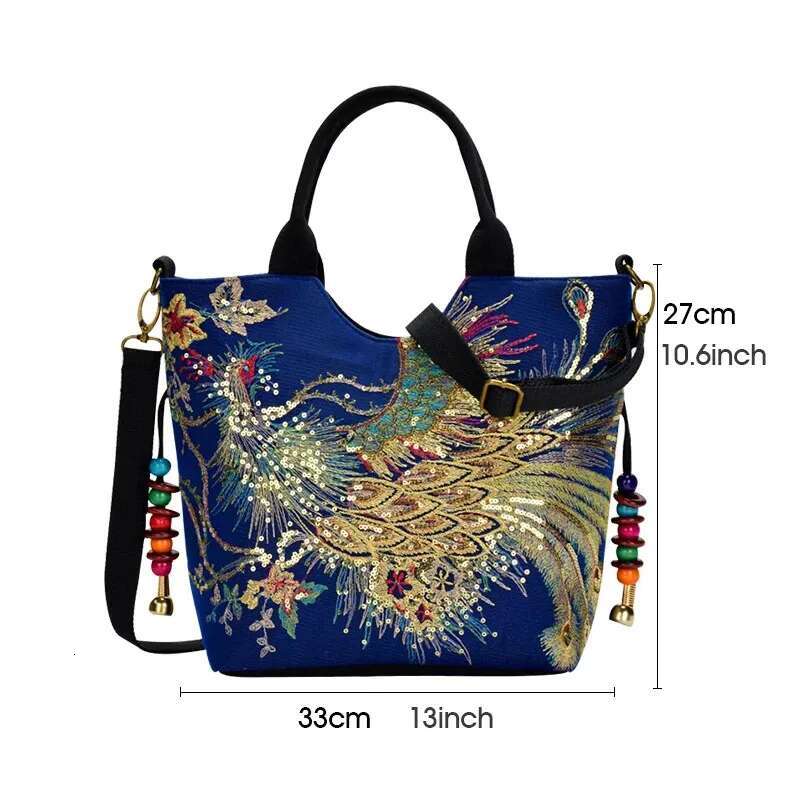 Ethnic Style Sequins Tote Bag, Pea Embroidery Handbags, Vintage Canvas Crossbody Bag