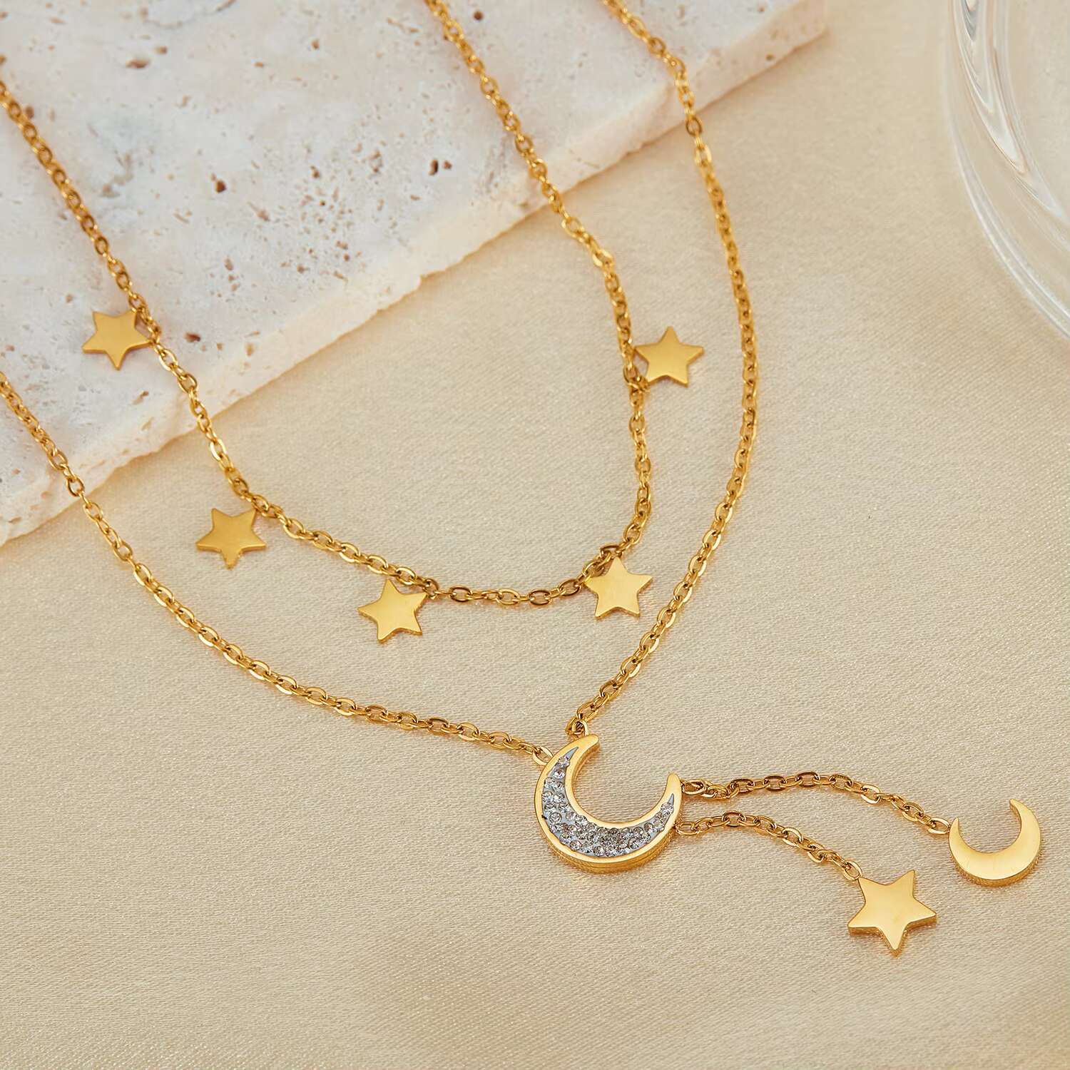 New Fashion Gold Plated Stainless Steel Colored Natural Stone Pendant Necklace for Women's Party Accessories Gifts