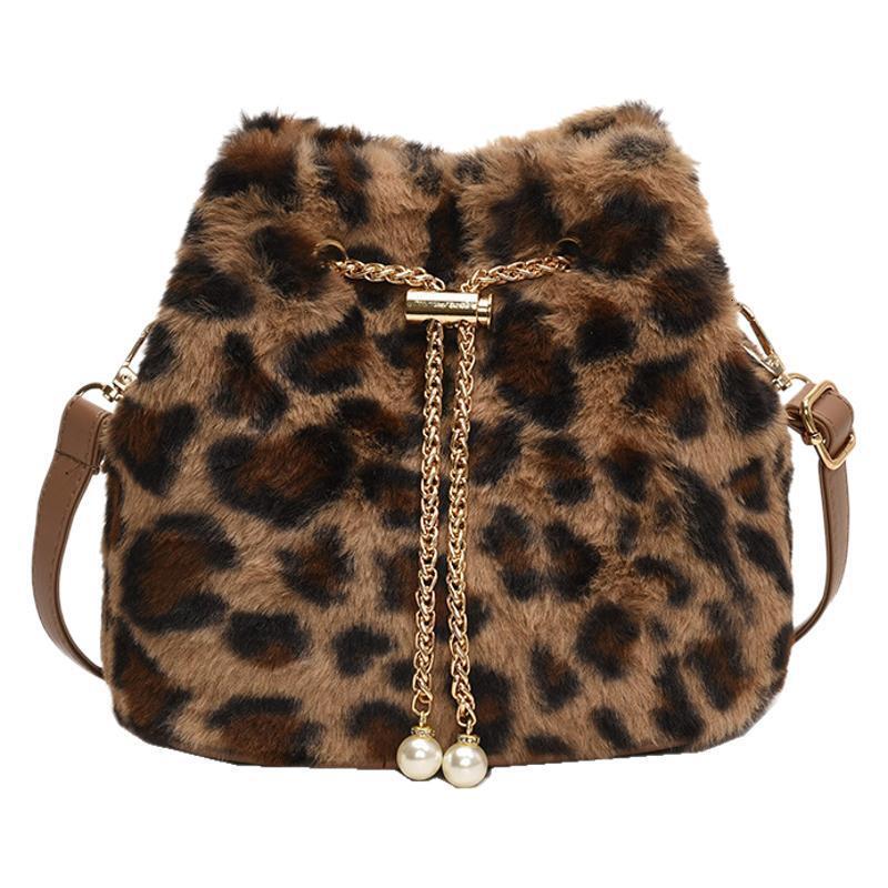 Small niche circular handbag for women 2025 new style drawstring leopard print bucket plush chain shoulder crossbody bag