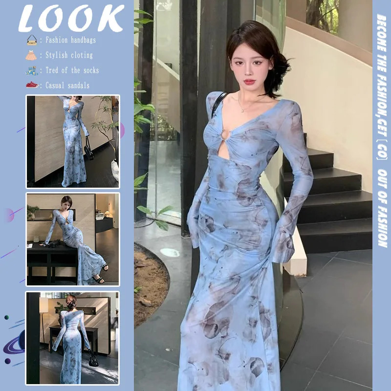 Pure Desire Long Sleeve VNeck Tie Dye Net Yoke Womens Dress Sexy Hollow Out WaistFitted Slims Smooths Your Silhouette Elegant 250513
