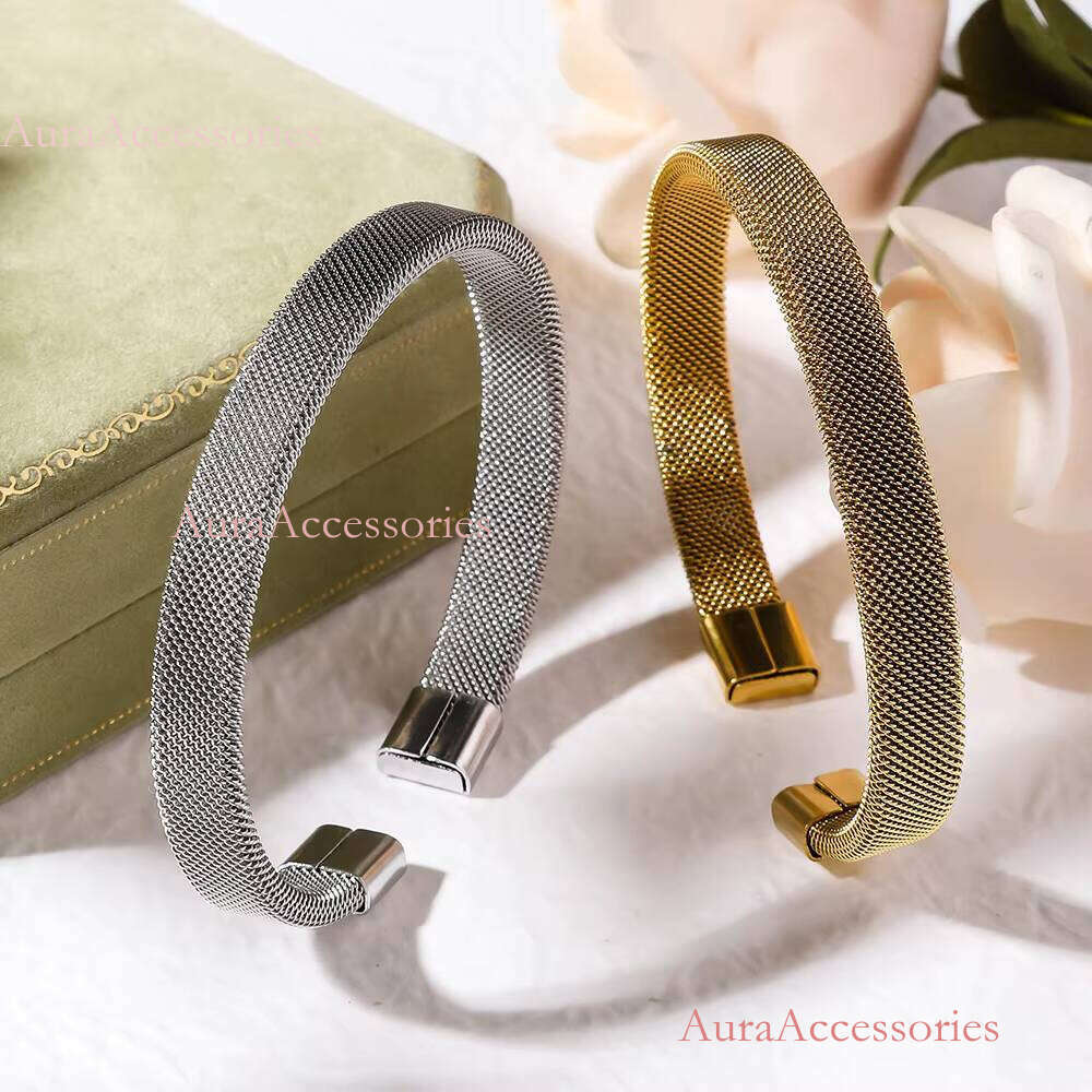 Ins French Style Weaving Design Adjustable Bracelet Jewelry Gold Plated Mesh Open Cuff Bracelets & Bangles