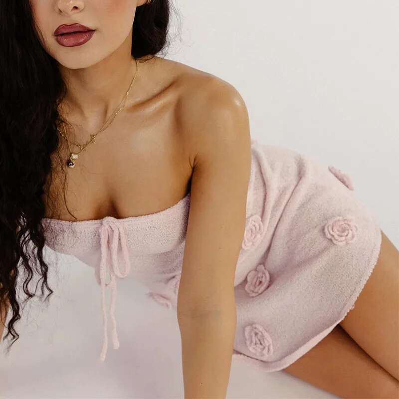 Elegant Sleeveless Lace Up Pink Mini Dress Women New Fashion 3d Flower Backless Sexy A-Line Short Dresses Bodycon Birthday Party