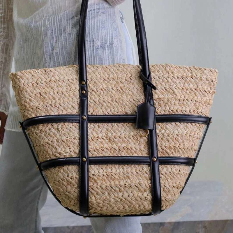 Ladies Straw Beach Summer Crochet Handbag Women Bohemian Daily Tote PU Patchwork Shoulder Bag Large Capacity Weav