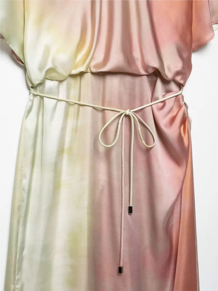 HipSeam Women Tie Dye Long Dress With Belt Spring Printed Short Sleeve O Neck Dresses Elegant Chic Party 250513