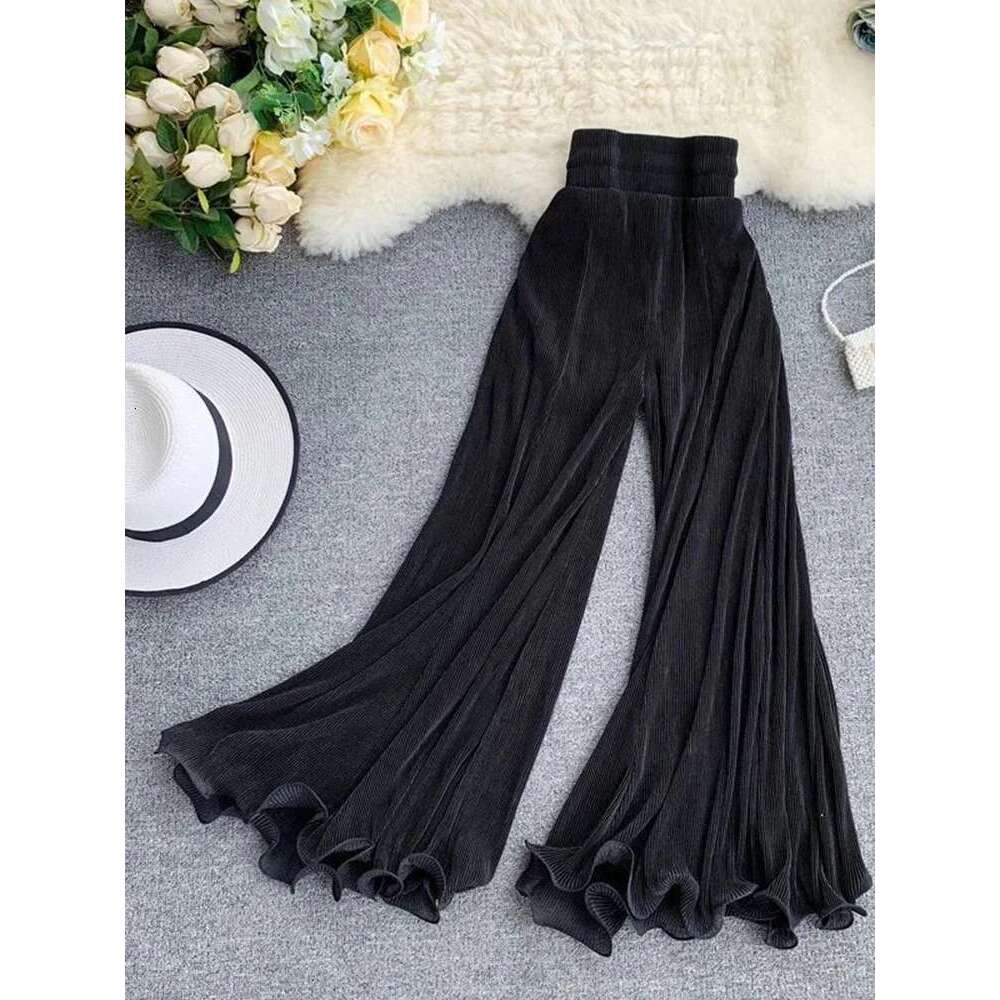 ZOKI Women Flare Loose Gauze Elastic High Waist Ruffle Chiffon Ladies Trousers Fashion Black White Summer Female Pants New