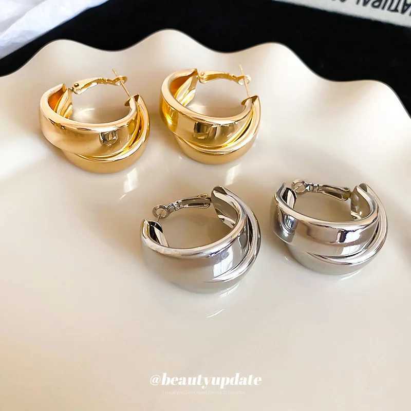 Fashion Stainless Steel Smooth Metal Chunky Hoop Earrings for Woman Vintage Double Layered Circle Exaggerated Earrings Jewelry Y250510