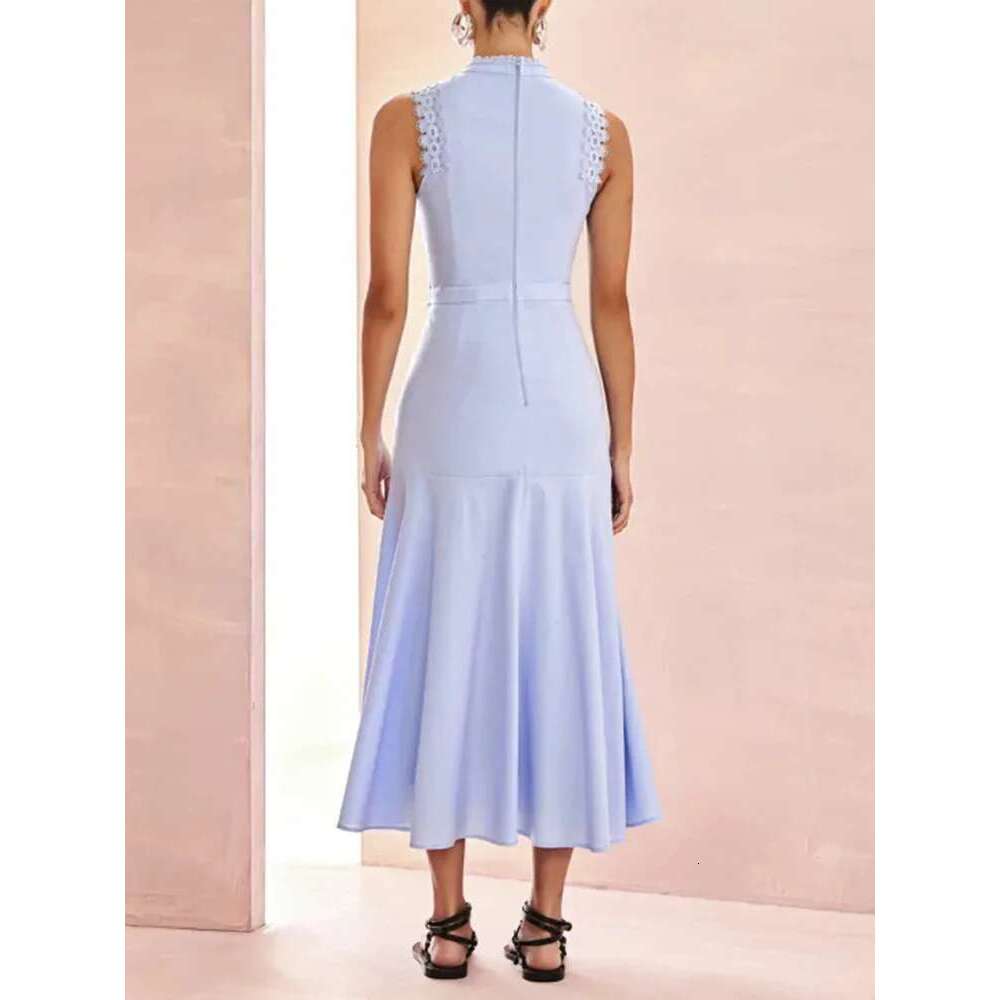 VGH Solid Embroidery Elegant Long Dresses For Women Stand Collar Sleeveless High Waist Hollow Out A Line Dress Female New
