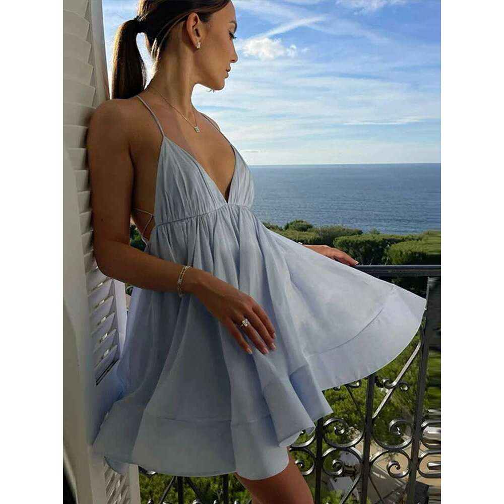 Summer Beach Pleated Women's Maxi Dress Sweet V Neck Sleeveless Lace Up Short Dresses Female Elegant Solid Lady Ball Gown Party