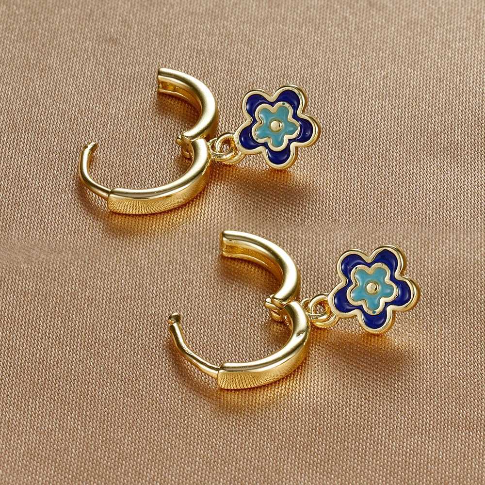 2PCS Stainless Steel Hoop Earrings for Women Girls Colorful Enamel Flowers Pendant Small Huggie Earring Piercing Jewelry Aretes Y250510