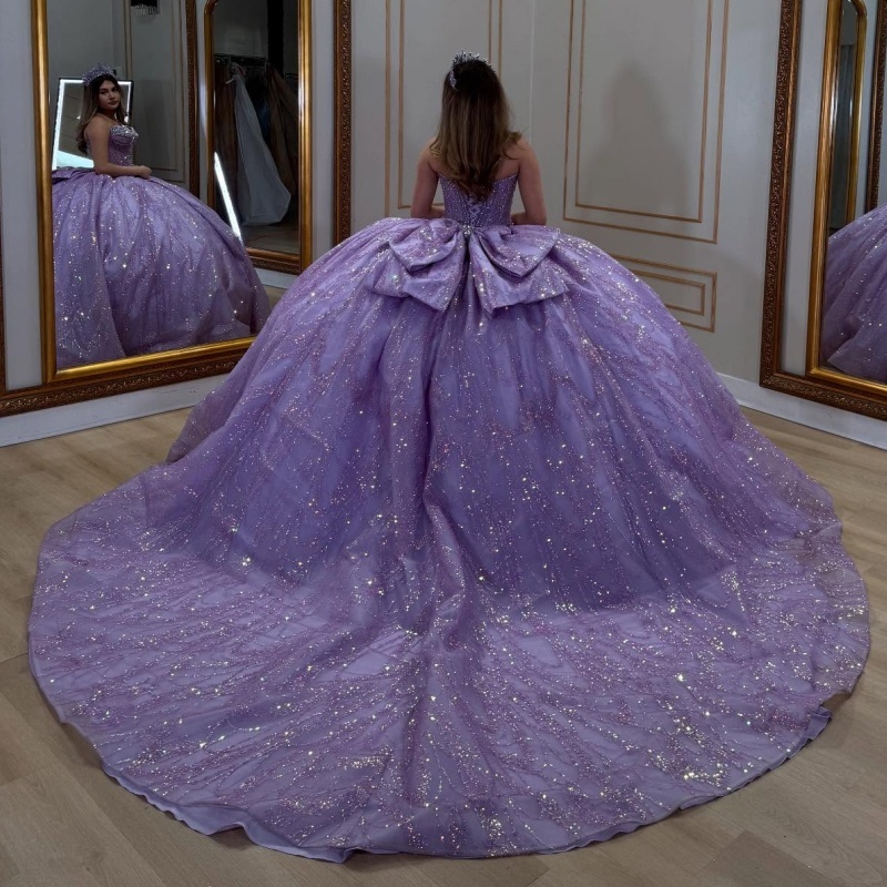 Lilac Shiny Quinceanera Dresses Off Shoulder Ball Gown Sweet 16 Dress Beading Crystal Bow Tull Birthday Party Vestidos 15 De Anos