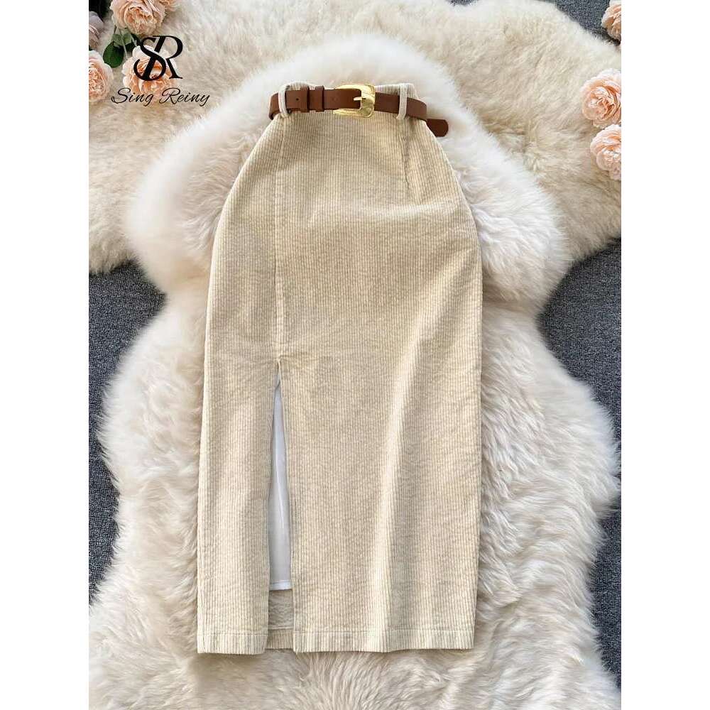 SINGREINY Women Korean Split Sexy Long Winter Corduroy Slim Thick Streetwear Fashion Vintage Autumn Bodycon Skirt