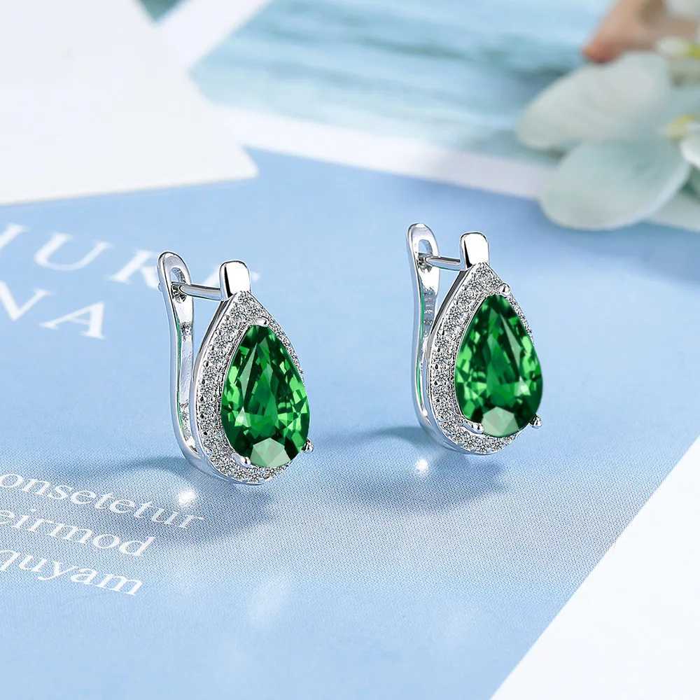 Ins Pear Cut Blue Black Green Red Zircon Hoop Earrings For Women Silver Color Small Ear Buckle Wedding Party Versatile Jewelry Y250510